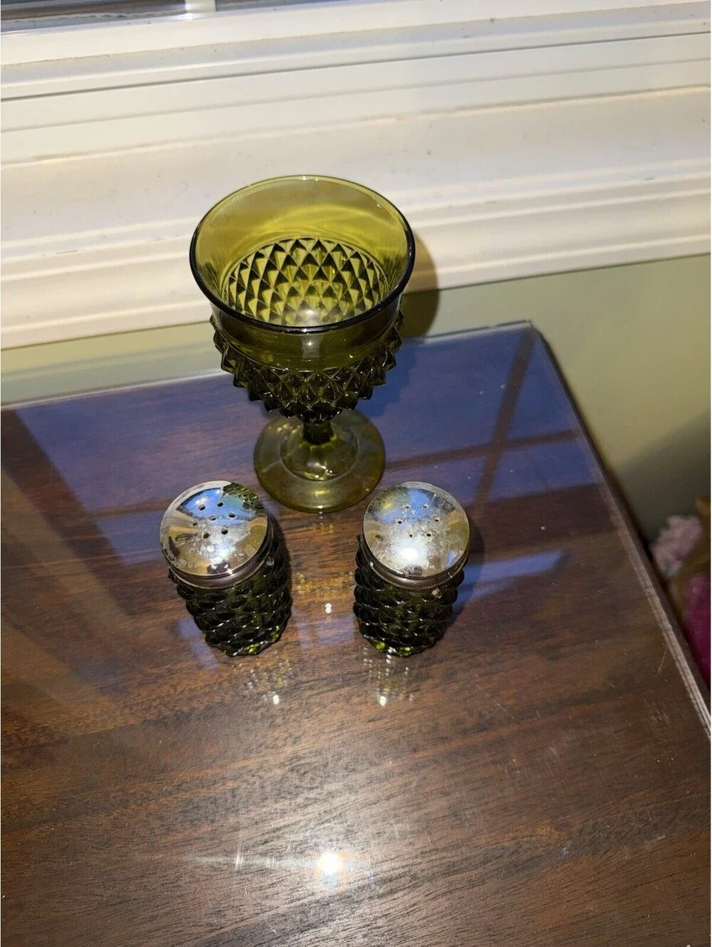 Vintage Emerald hobnail Green Salt And Pepper Shakers, glass; cottagecore decor